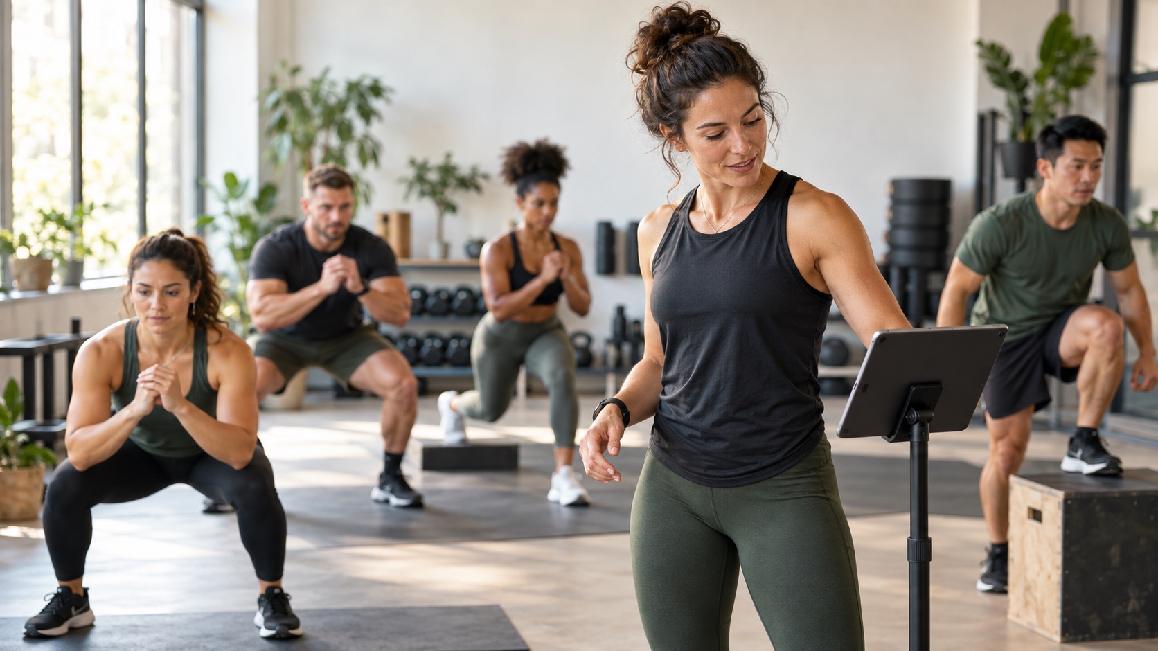 A coach beside an iPad leads a group class as participants do squats and step-ups